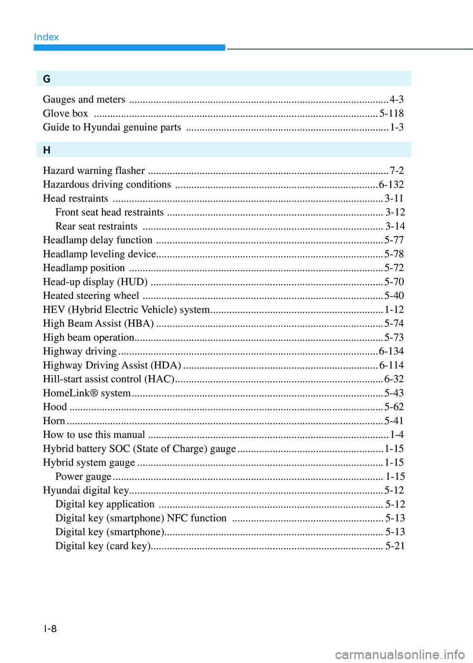 HYUNDAI SONATA HYBRID 2020 Owners Manual Index
I-8
G
Gauges and meters
........................................................................\
........................4-3
Glove box
...................................................... HYUNDAI SONATA HYBRID 2020 Owners Manual Index
I-8
G
Gauges and meters
........................................................................\
........................4-3
Glove box
......................................................