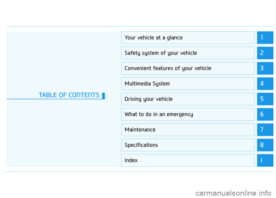 HYUNDAI SONATA HYBRID 2019  Owners Manual 1
2
3
4
5
6
7
8
I
Your vehicle at a glance
Safety system of your vehicle
Convenient features of your vehicle
Multimedia System
Driving your vehicle
What to do in an emergency
Maintenance
Specification