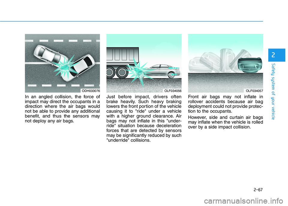 HYUNDAI SONATA HYBRID 2019  Owners Manual 2-67
Safety system of your vehicle
2
In an angled collision, the force of 
impact may direct the occupants in a
direction where the air bags would
not be able to provide any additional
benefit, and th