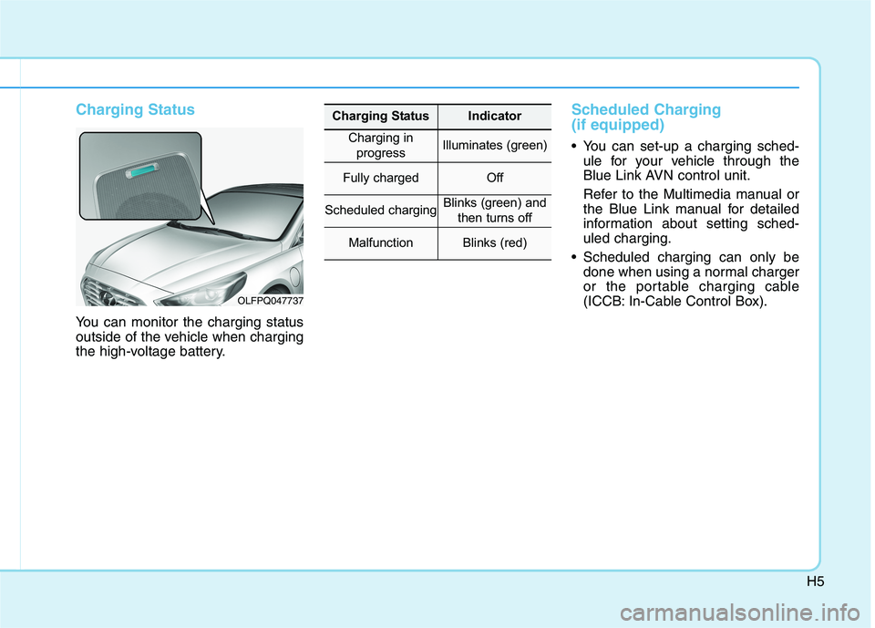 HYUNDAI SONATA HYBRID 2019  Owners Manual H5
Charging Status 
You can monitor the charging status 
outside of the vehicle when charging
the high-voltage battery.
Scheduled Charging  (if equipped)
 You can set-up a charging sched-ule for your 