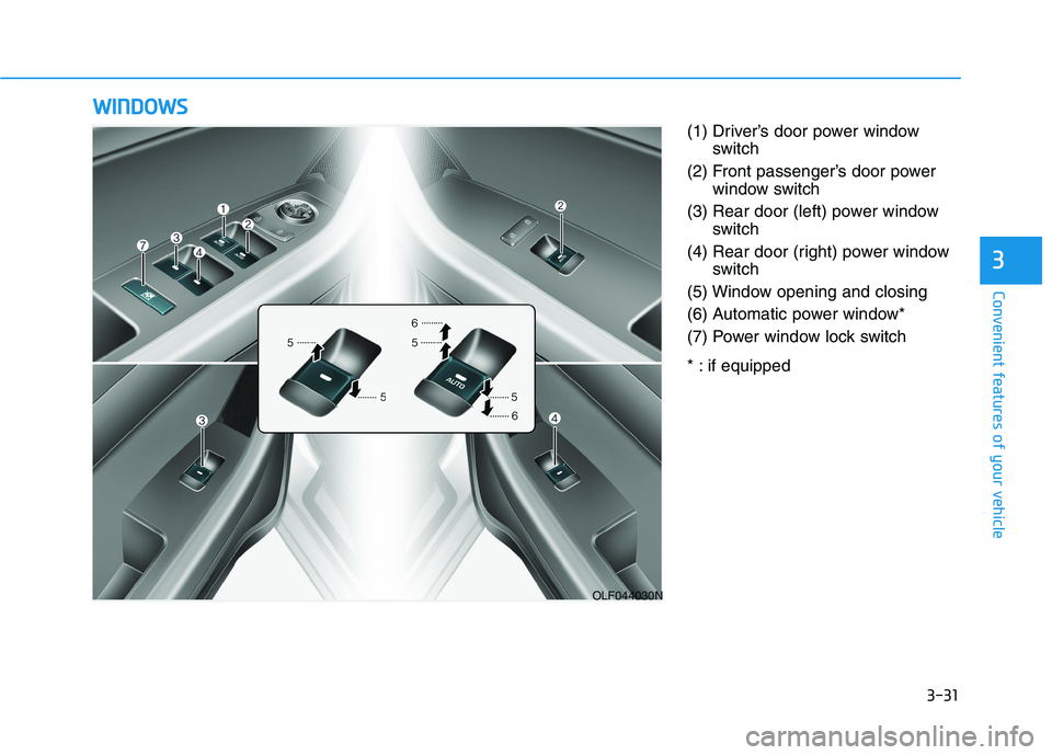 HYUNDAI SONATA HYBRID 2019  Owners Manual 3-31
Convenient features of your vehicle
3
(1) Driver’s door power windowswitch
(2) Front passenger’s door power window switch
(3) Rear door (left) power window switch
(4) Rear door (right) power 