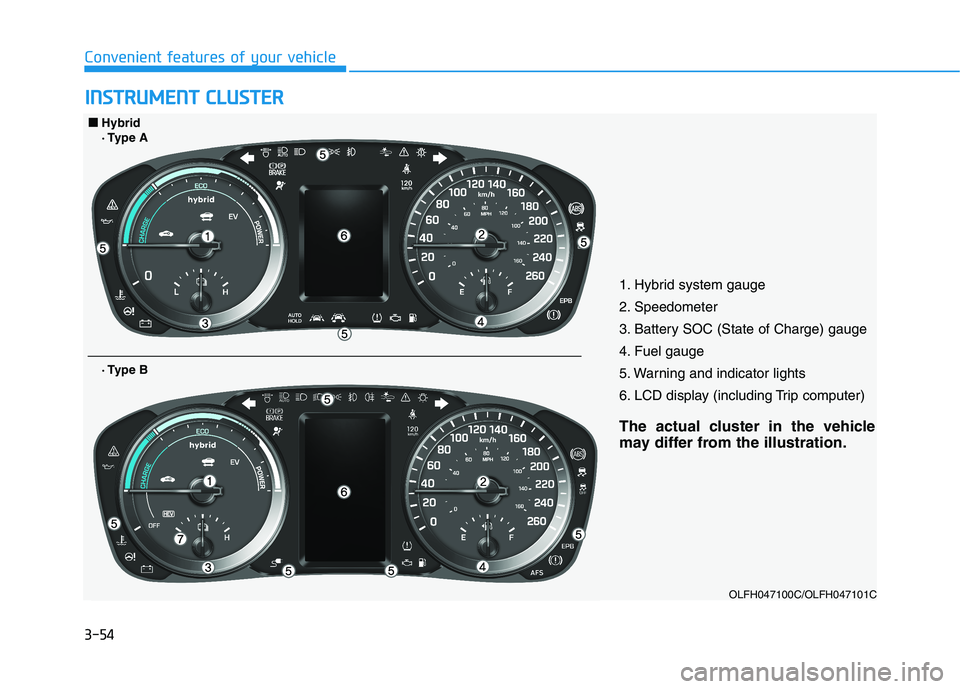 HYUNDAI SONATA HYBRID 2019  Owners Manual 3-54
Convenient features of your vehicleI
I NN SSTT RR UU MM EENN TT  CC LLUU SSTT EERR
1. Hybrid system gauge 
2. Speedometer
3. Battery SOC (State of Charge) gauge
4. Fuel gauge
5. Warning and indic