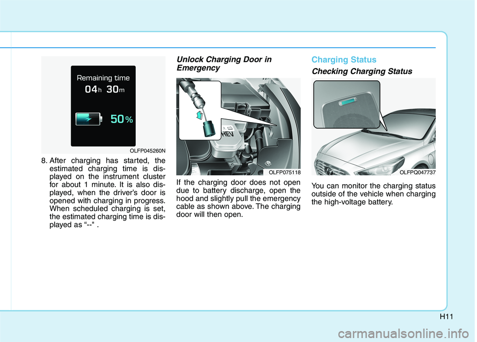 HYUNDAI SONATA HYBRID 2019  Owners Manual H11
8. After charging has started, theestimated charging time is dis- 
played on the instrument cluster
for about 1 minute. It is also dis-
played, when the driver’s door is
opened with charging in 