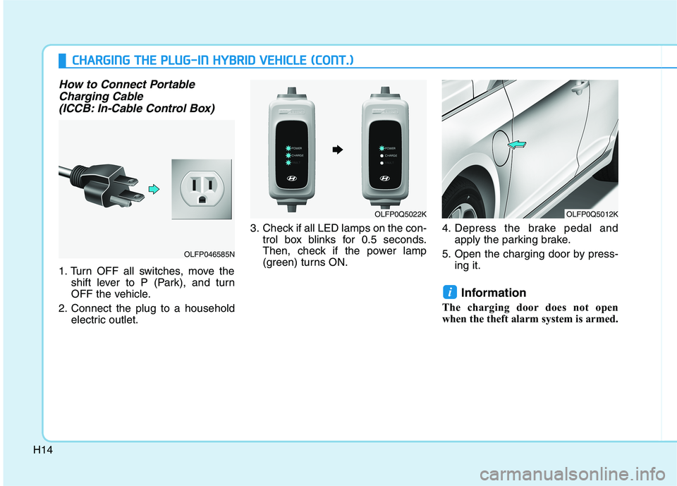 HYUNDAI SONATA HYBRID 2019  Owners Manual H14
CCHH AARRGG IINN GG  TT HH EE  PP LLUU GG--IINN   HH YY BBRRIIDD   VV EEHH IICC LLEE   (( CC OO NNTT..))
How to Connect Portable
Charging Cable 
(ICCB: In-Cable Control Box) 
1. Turn OFF all switc