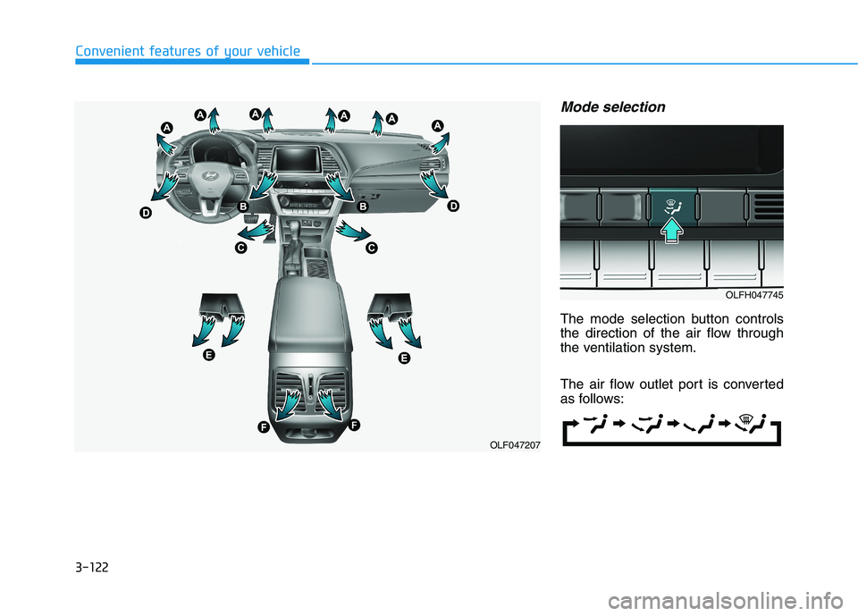 HYUNDAI SONATA HYBRID 2019  Owners Manual 3-122
Convenient features of your vehicle
Mode selection
The mode selection button controls 
the direction of the air flow through
the ventilation system. 
The air flow outlet port is converted 
as fo
