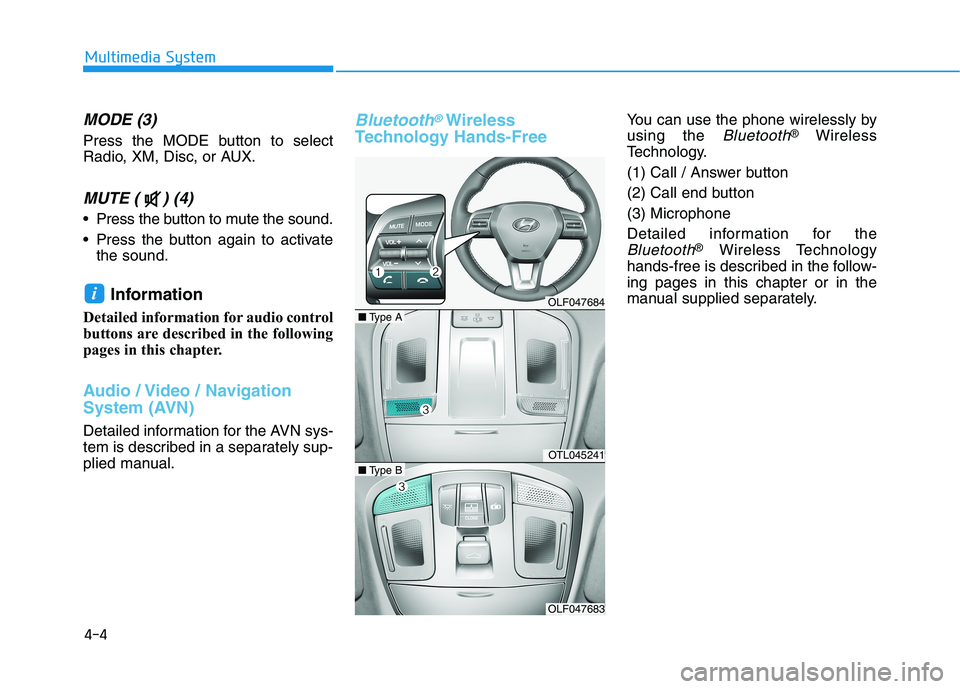 HYUNDAI SONATA HYBRID 2019  Owners Manual 4-4
MODE (3)
Press the MODE button to select 
Radio, XM, Disc, or AUX.
MUTE ( ) (4) 
 Press the button to mute the sound. 
 Press the button again to activatethe sound.
Information 
Detailed informati