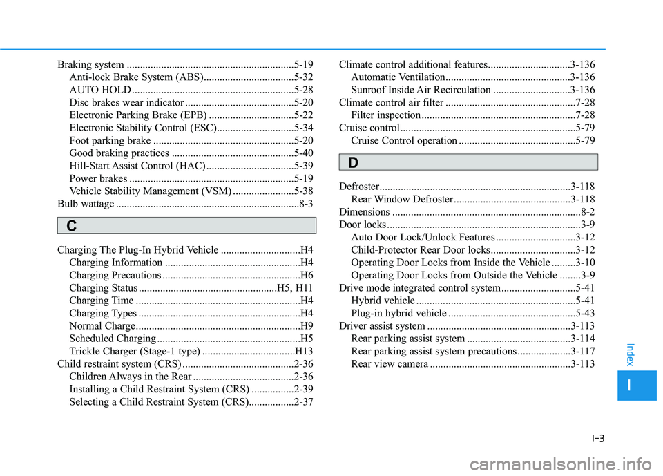 HYUNDAI SONATA HYBRID 2019 Owners Manual I-3
Braking system ...............................................................5-19
Anti-lock Brake System (ABS)..................................5-32
AUTO HOLD ................................... HYUNDAI SONATA HYBRID 2019 Owners Manual I-3
Braking system ...............................................................5-19
Anti-lock Brake System (ABS)..................................5-32
AUTO HOLD ...................................