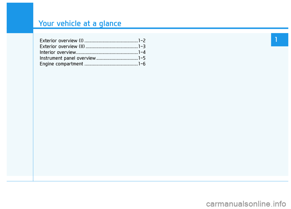 HYUNDAI SONATA HYBRID 2019  Owners Manual Your vehicle at a glance
1
Your vehicle at a glance
1Exterior overview (I) .............................................1-2 
Exterior overview (II) ............................................1-3
Inte
