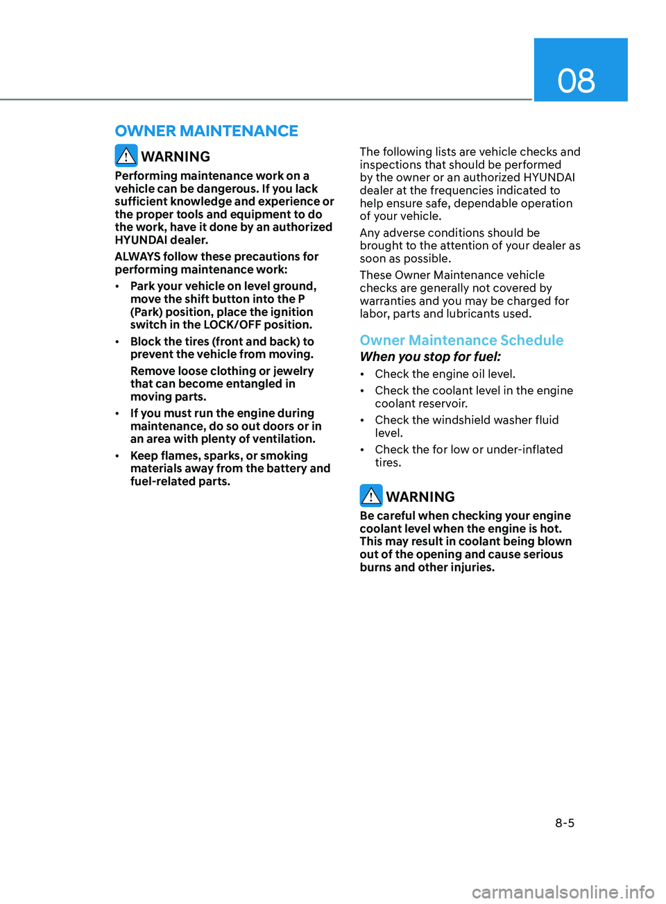 HYUNDAI SONATA LIMITED 2022  Owners Manual 08
8-5
 WARNING
Performing maintenance work on a 
vehicle can be dangerous. If you lack 
sufficient knowledge and experience or 
the proper tools and equipment to do 
the work, have it done by an auth