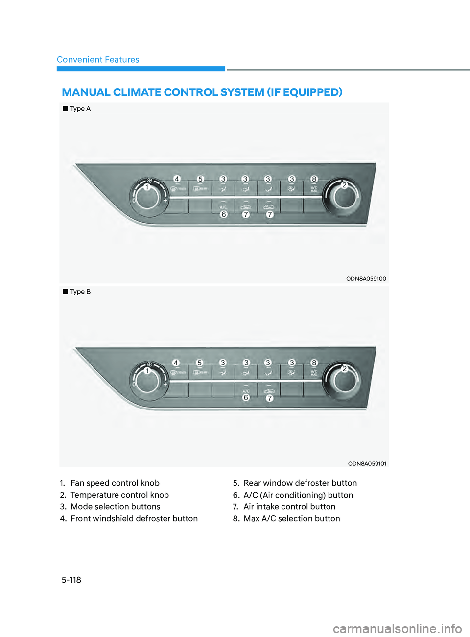 HYUNDAI SONATA LIMITED 2021  Owners Manual 5-118
Convenient Features
1. Fan speed control knob
2. 
T
 emperature control knob
3.
 
M
 ode selection buttons
4.
 F

ront windshield defroster button 5.
 R ear window defroster button
6.
 
A/C (
 A