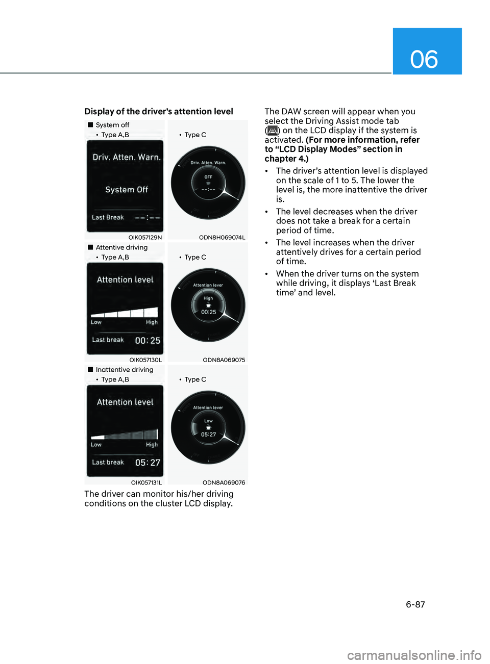 HYUNDAI SONATA LIMITED 2021  Owners Manual 06
6-87
Display of the driver’s attention level
•„System off••Type A,B ••Type C
OIK057129NODN8H069074L
•„Attentive driving
••Type A,B ••Type C
OIK057130LODN8A069075
•