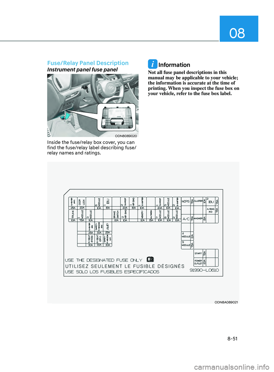HYUNDAI SONATA LIMITED 2021  Owners Manual 08
8-51
Fuse/Relay Panel Description
Instrument panel fuse panel
ODN8089020
Inside the fuse/relay box cover, you can 
find the fuse/relay label describing fuse/
relay names and ratings.
 Information
N