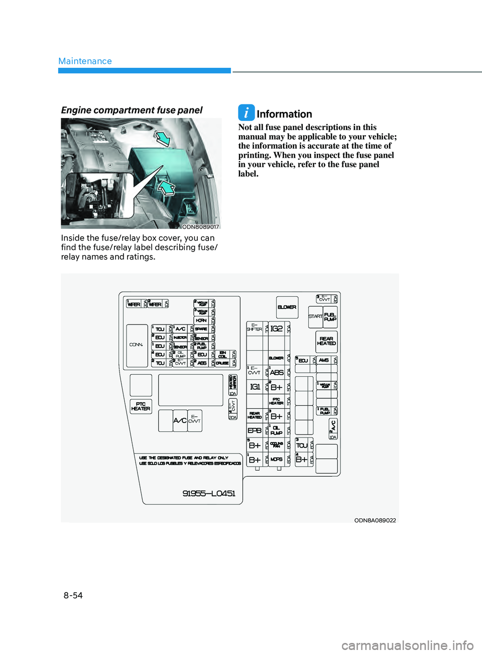 HYUNDAI SONATA LIMITED 2021  Owners Manual Maintenance
8-54
Engine compartment fuse panel
ODN8089017
Inside the fuse/relay box cover, you can 
find the fuse/relay label describing fuse/
relay names and ratings.
 Information
Not all fuse panel 