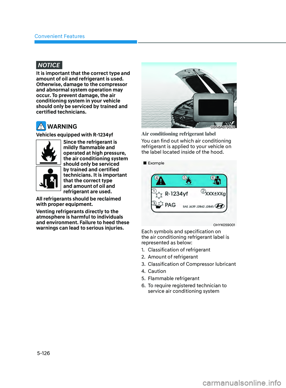 HYUNDAI SONATA 2022 Owners Manual Convenient Features
5-126
NOTICE
It is important that the correct type and
amount of oil and refrigerant is used.
Otherwise, damage to the compressor
and abnormal system operation may
occur. To pr HYUNDAI SONATA 2022 Owners Manual Convenient Features
5-126
NOTICE
It is important that the correct type and
amount of oil and refrigerant is used.
Otherwise, damage to the compressor
and abnormal system operation may
occur. To pr