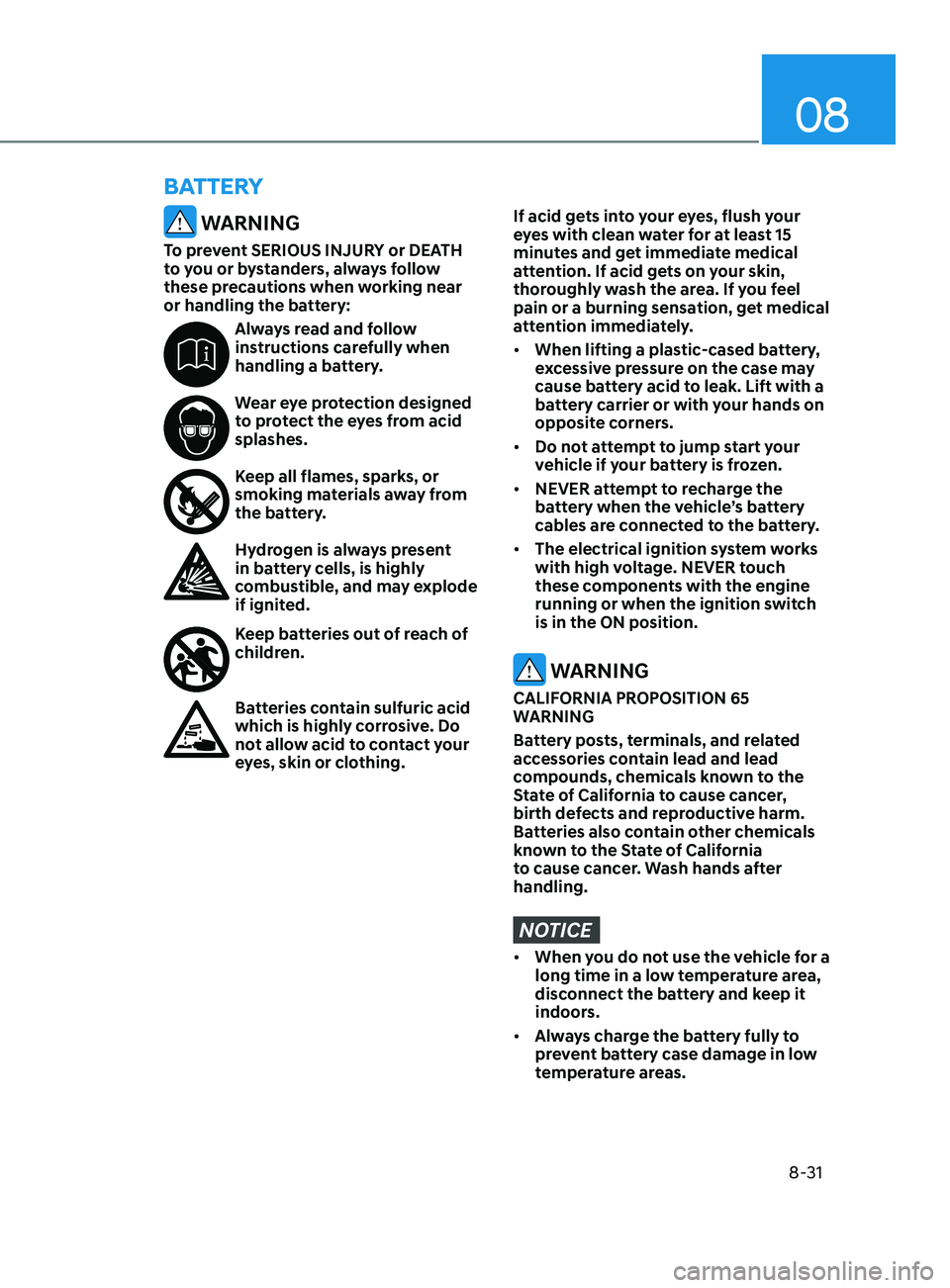 HYUNDAI SONATA 2022 Owners Manual 08
8-31
WARNING
To prevent SERIOUS INJURY or DEATH
to you or bystanders, always follow
these precautions when working near
or handling the battery:
Always read and follow
instructions carefully w HYUNDAI SONATA 2022 Owners Manual 08
8-31
WARNING
To prevent SERIOUS INJURY or DEATH
to you or bystanders, always follow
these precautions when working near
or handling the battery:
Always read and follow
instructions carefully w