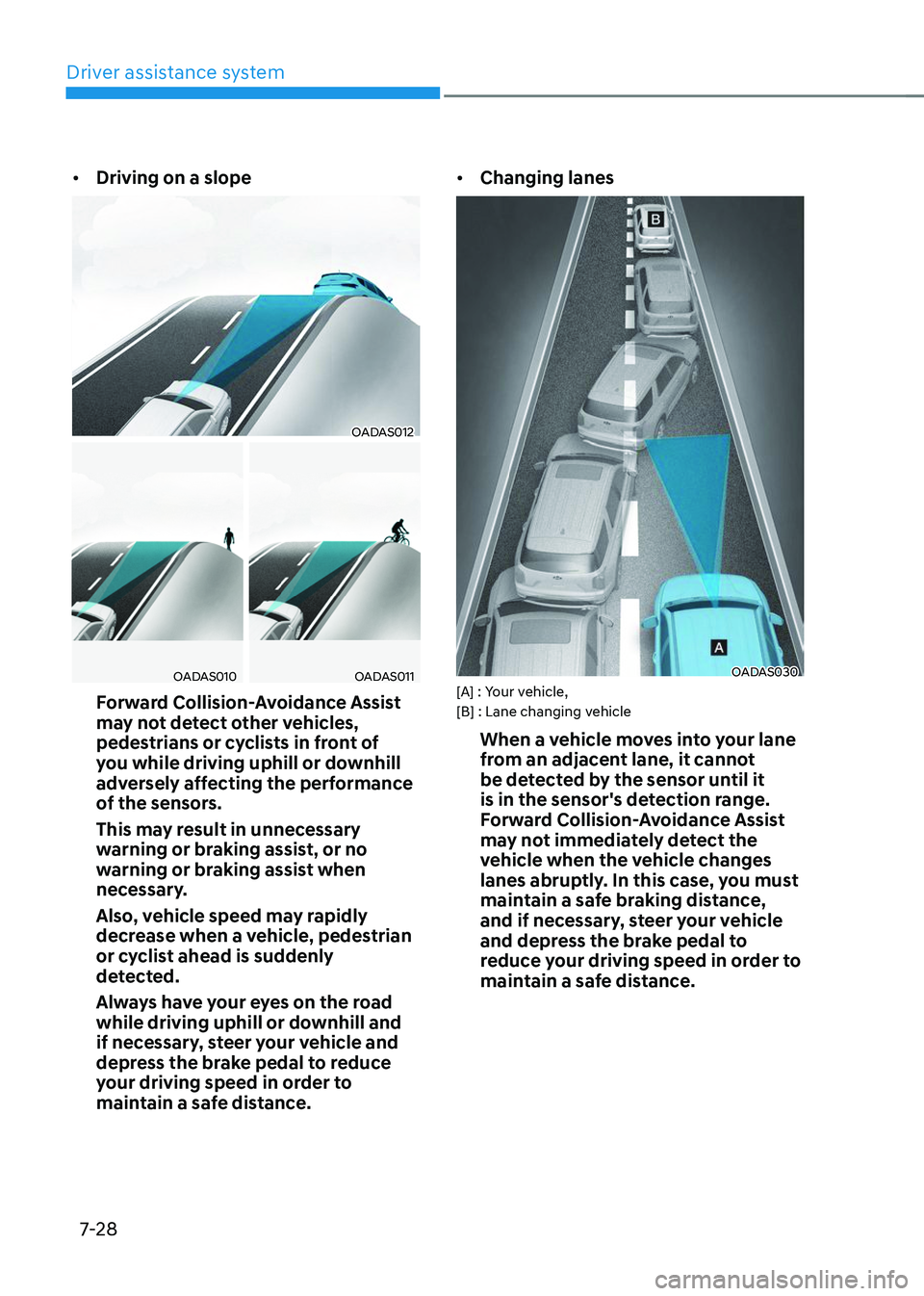HYUNDAI TUCSON 2023  Owners Manual Driver assistance system
7-28
•	Driving on a slope
OADAS012
OADAS010OADAS011
Forward Collision-Avoidance Assist 
may not detect other vehicles, 
pedestrians or cyclists in front of 
you while drivin