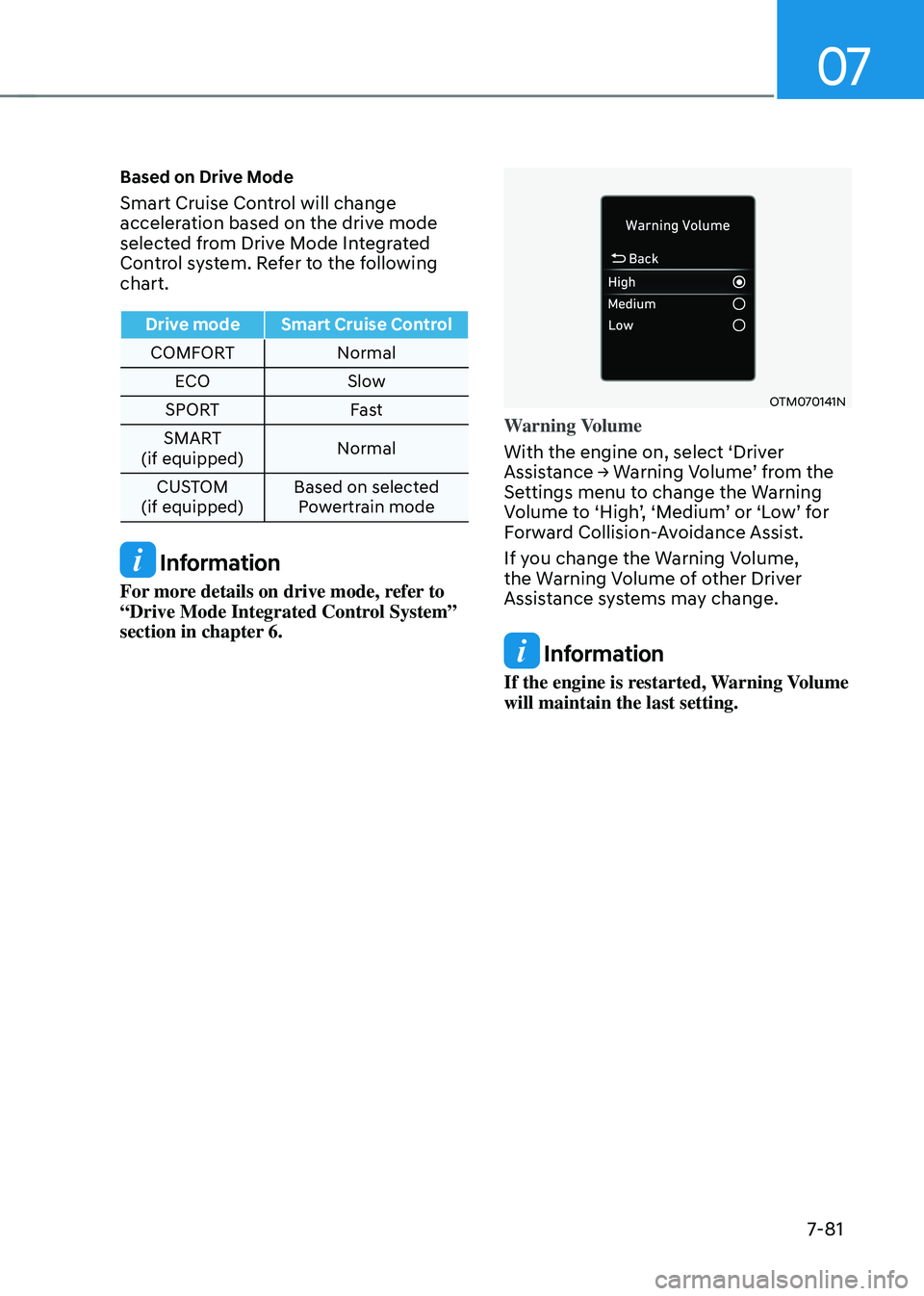 HYUNDAI TUCSON 2023  Owners Manual 07
7-81
Based on Drive Mode
Smart Cruise Control will change 
acceleration based on the drive mode 
selected from Drive Mode Integrated 
Control system. Refer to the following 
chart. 
Drive modeSmart