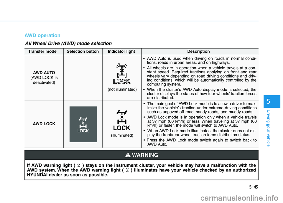 HYUNDAI TUCSON ULTIMATE 2020  Owners Manual 5-45
Driving your vehicle
5
AWD operation
If AWD warning light ( ) stays on the instrument cluster, your vehicle may have a malfunction with the
AWD system. When the AWD warning light ( ) illuminates 