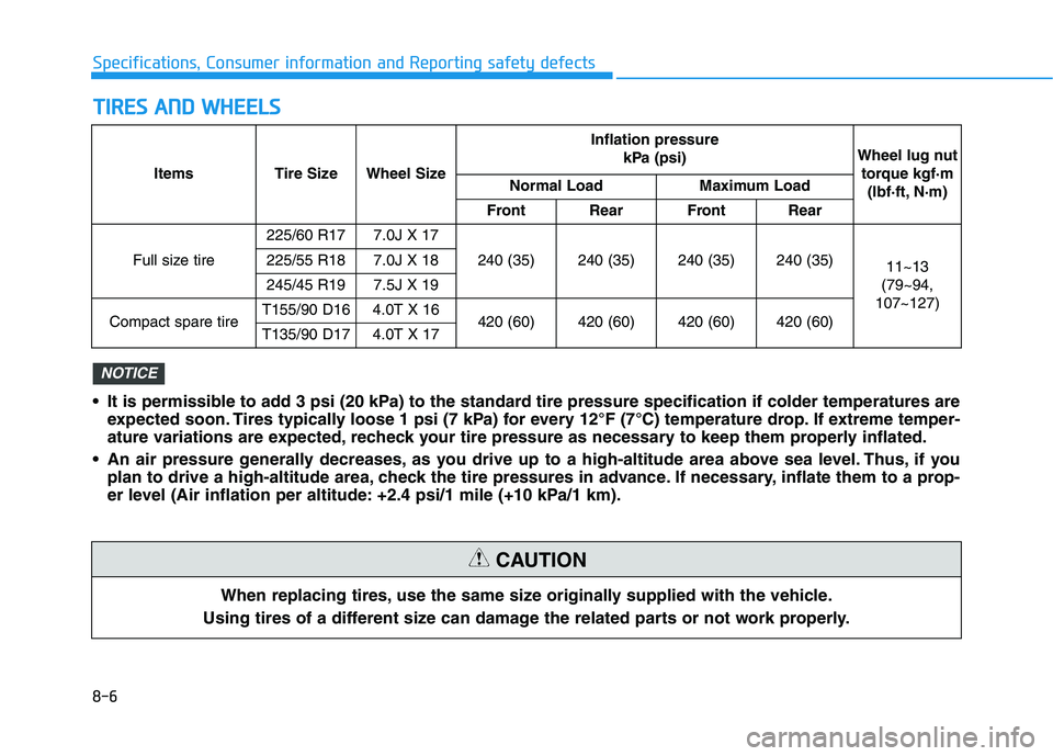 HYUNDAI TUCSON ULTIMATE 2020  Owners Manual 8-6
Specifications, Consumer information and Reporting safety defects
T TI
IR
RE
ES
S 
 A
AN
ND
D 
 W
WH
HE
EE
EL
LS
S
When replacing tires, use the same size originally supplied with the vehicle.
Usi