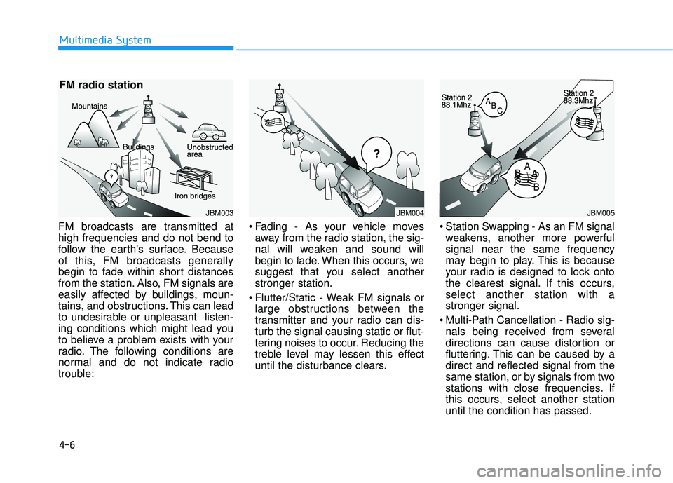 HYUNDAI TUCSON LIMITED 2017 Owners Manual 4-6
Multimedia System
FM broadcasts are transmitted at high frequencies and do not bend to
follow the earths surface. Because
of this, FM broadcasts generally
begin to fade within short distances
fro HYUNDAI TUCSON LIMITED 2017 Owners Manual 4-6
Multimedia System
FM broadcasts are transmitted at high frequencies and do not bend to
follow the earths surface. Because
of this, FM broadcasts generally
begin to fade within short distances
fro
