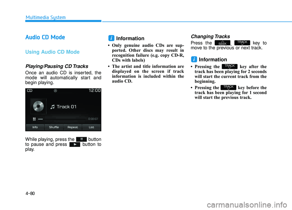 HYUNDAI TUCSON LIMITED 2017  Owners Manual 4-80
Multimedia System
AAuuddiioo   CC DD   MM ooddee
Using Audio CD Mode
Playing/Pausing CD Tracks
Once an audio CD is inserted, the 
mode will automatically start and
begin playing. 
While playing, 