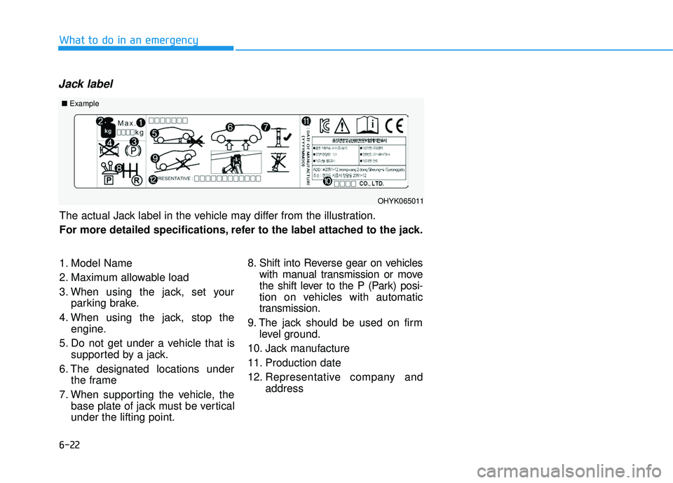 HYUNDAI TUCSON LIMITED 2017  Owners Manual 6-22
What to do in an emergency
Jack label
The actual Jack label in the vehicle may differ from the illustration. 
For more detailed specifications, refer to the label attached to the jack.
■Example