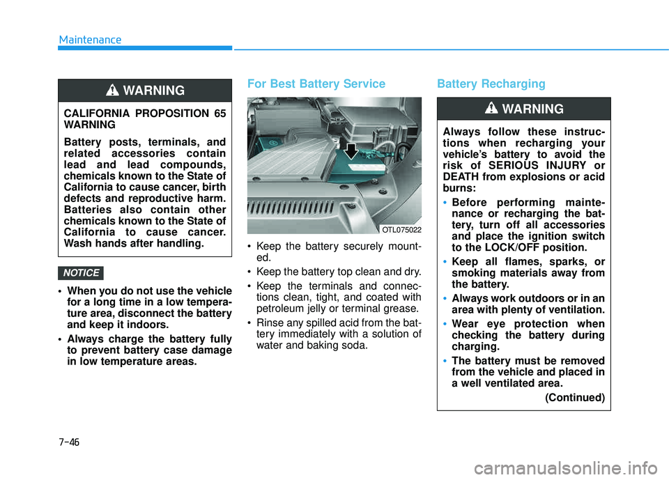 HYUNDAI TUCSON LIMITED 2017  Owners Manual 7-46
Maintenance
 When you do not use the vehiclefor a long time in a low tempera- 
ture area, disconnect the battery
and keep it indoors.
 Always charge the battery fully to prevent battery case dama