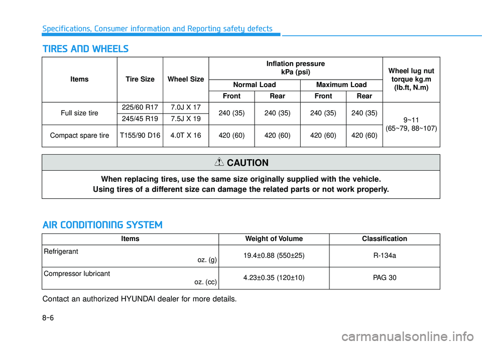 HYUNDAI TUCSON LIMITED 2017  Owners Manual 8-6
Specifications, Consumer information and Reporting safety defects
AAIIRR   CC OO NNDDIITT IIOO NNIINN GG  SS YY SSTT EEMM
Contact an authorized HYUNDAI dealer for more details.
ItemsWeight of Volu