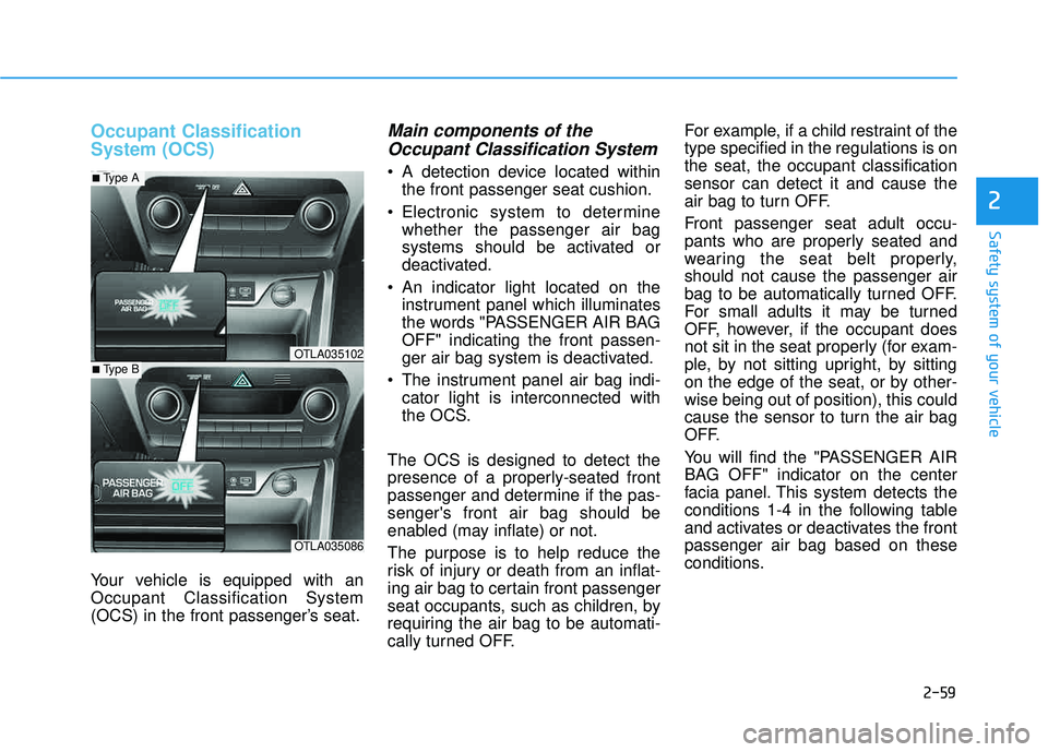 HYUNDAI TUCSON LIMITED 2017 Owners Manual 2-59
Safety system of your vehicle
2
Occupant Classification System (OCS)
Your vehicle is equipped with an Occupant Classification System
(OCS) in the front passenger’s seat.
Main components of theO HYUNDAI TUCSON LIMITED 2017 Owners Manual 2-59
Safety system of your vehicle
2
Occupant Classification System (OCS)
Your vehicle is equipped with an Occupant Classification System
(OCS) in the front passenger’s seat.
Main components of theO