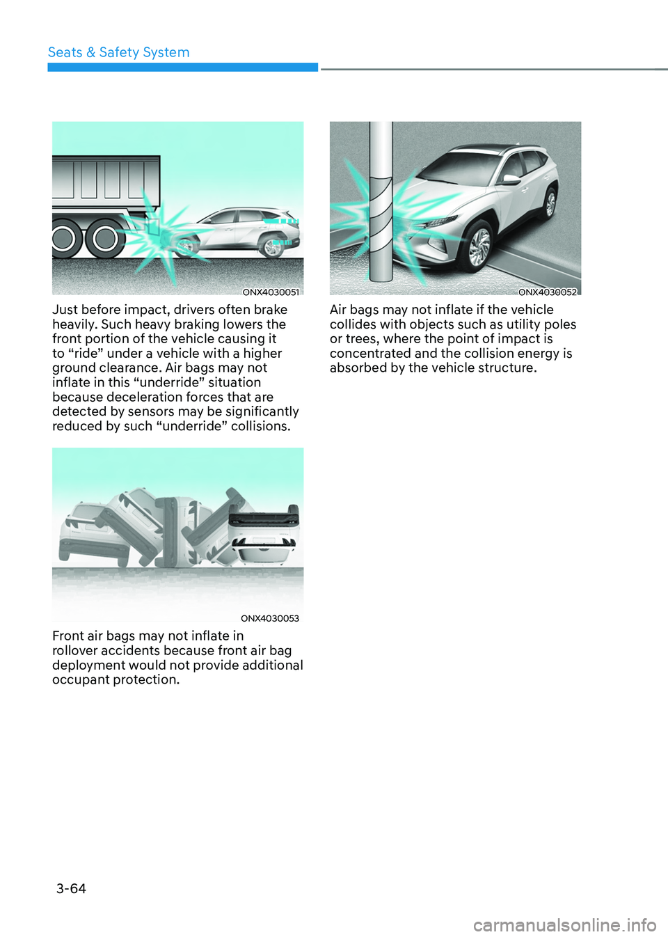 HYUNDAI TUCSON HYBRID 2022  Owners Manual Seats & Safety System
3-64
ONX4030051
Just before impact, drivers often brake 
heavily. Such heavy braking lowers the 
front portion of the vehicle causing it 
to “ride” under a vehicle with a hig