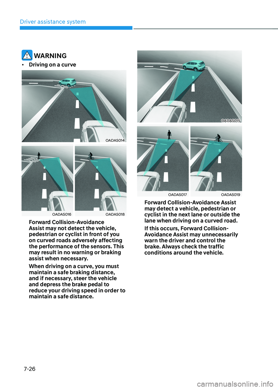 HYUNDAI TUCSON HYBRID 2022  Owners Manual Driver assistance system
7-26
 WARNING
•	Driving on a curve
OADAS014
OADAS016OADAS018
Forward Collision-Avoidance 
Assist may not detect the vehicle, 
pedestrian or cyclist in front of you 
on curve