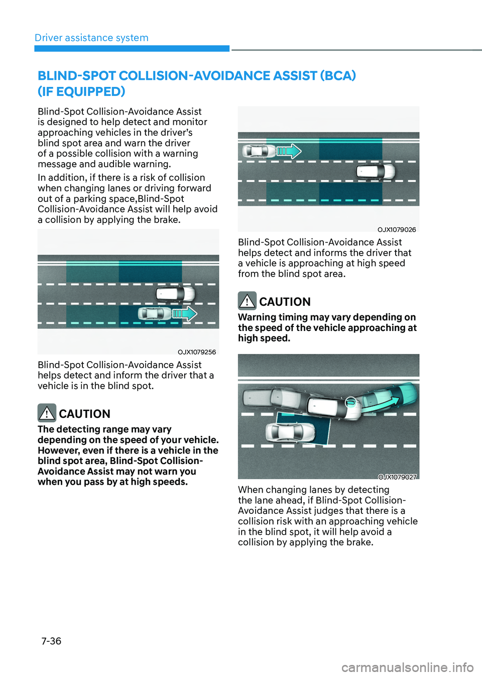HYUNDAI TUCSON HYBRID 2022  Owners Manual Driver assistance system
7-36
Blind-spot Collision-avoidanCe assist (BCa)   
(
iF e
 quipped
)
Blind-Spot Collision-Avoidance Assist 
is designed to help detect and monitor 
approaching
	v

ehicles
	i