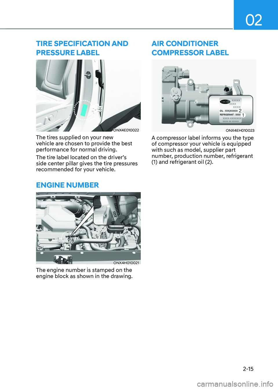 HYUNDAI TUCSON HYBRID 2022  Owners Manual 02
2-15
TIRE SPECIFICATION AND 
PRESSURE LABEL
ONX4E010022
The tires supplied on your new 
vehicle are chosen to provide the best 
performance for normal driving.
The tire label located on the driver