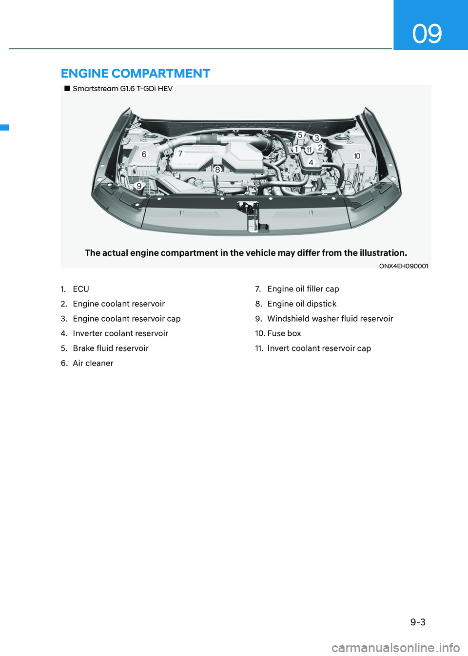 HYUNDAI TUCSON HYBRID 2022  Owners Manual 9-3
09
„„Smartstream G1.6 T-GDi HEV
The actual engine compartment in the vehicle may differ from the illustration.
ONX4EH090001
1. ECU
2.
 Engine coolan
 t reservoir
3.
 Engine coolan

t res
