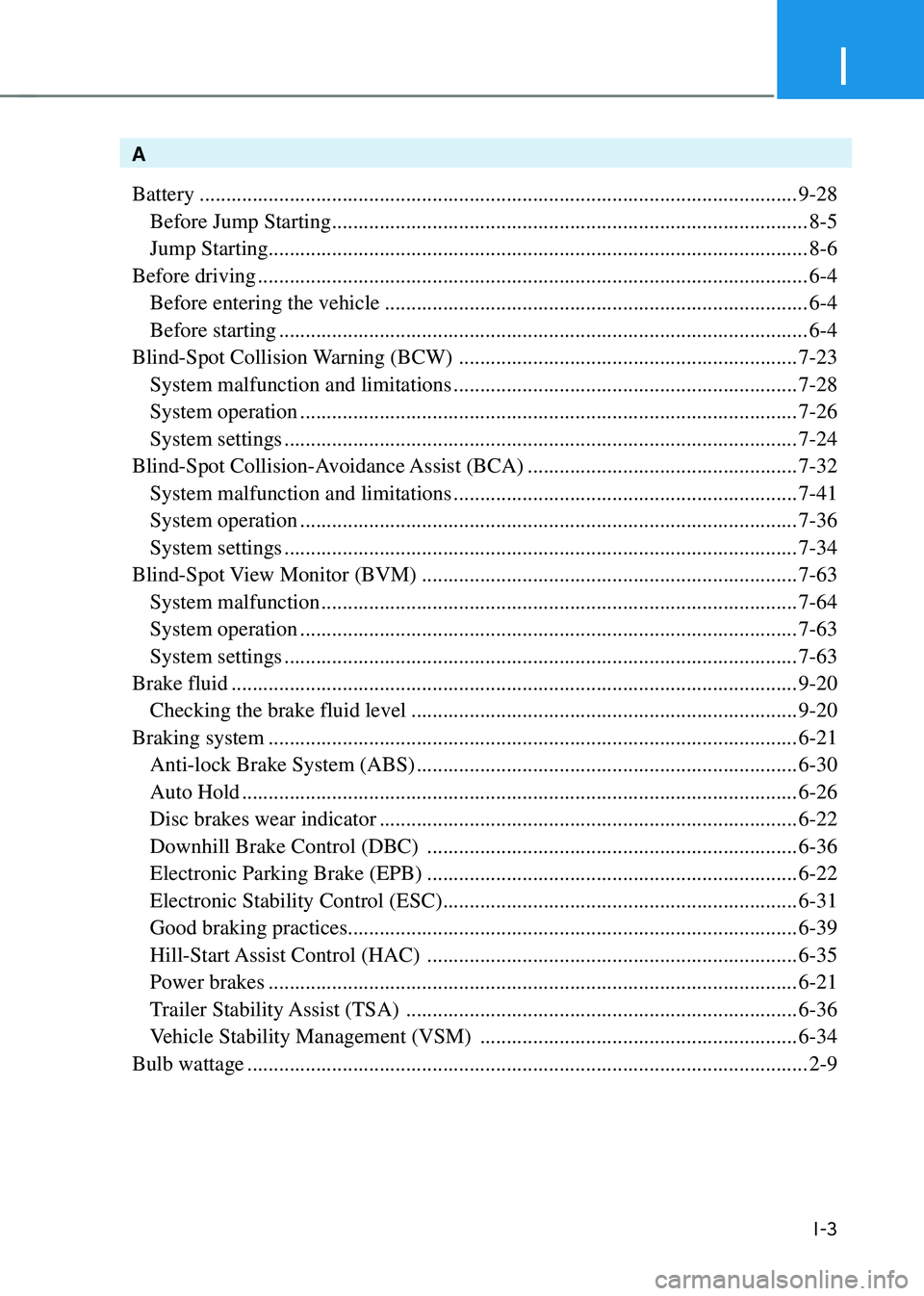 HYUNDAI TUCSON HYBRID 2022  Owners Manual I
I-3
A
Battery
 ........................................................................\
.........................................9-28
 Before Jump Starting .........................................