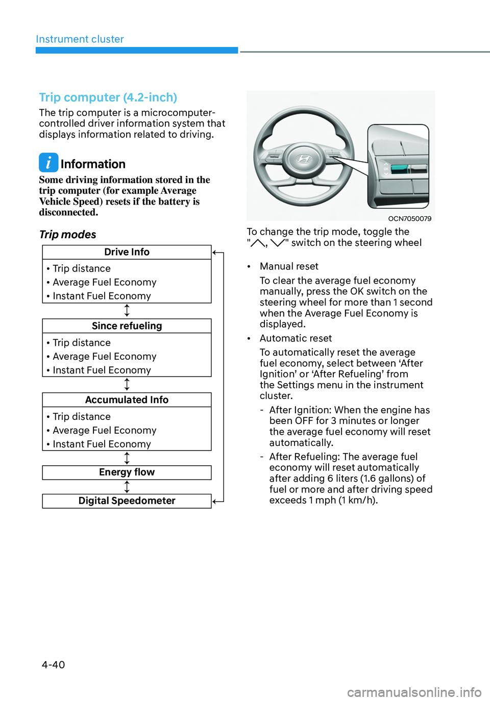 HYUNDAI TUCSON HYBRID 2021  Owners Manual Instrument cluster
4-40
Trip computer (4.2-inch)
The trip computer is a microcomputer-
controlled driver information system that 
displays information related to driving.
 Information
Some driving inf