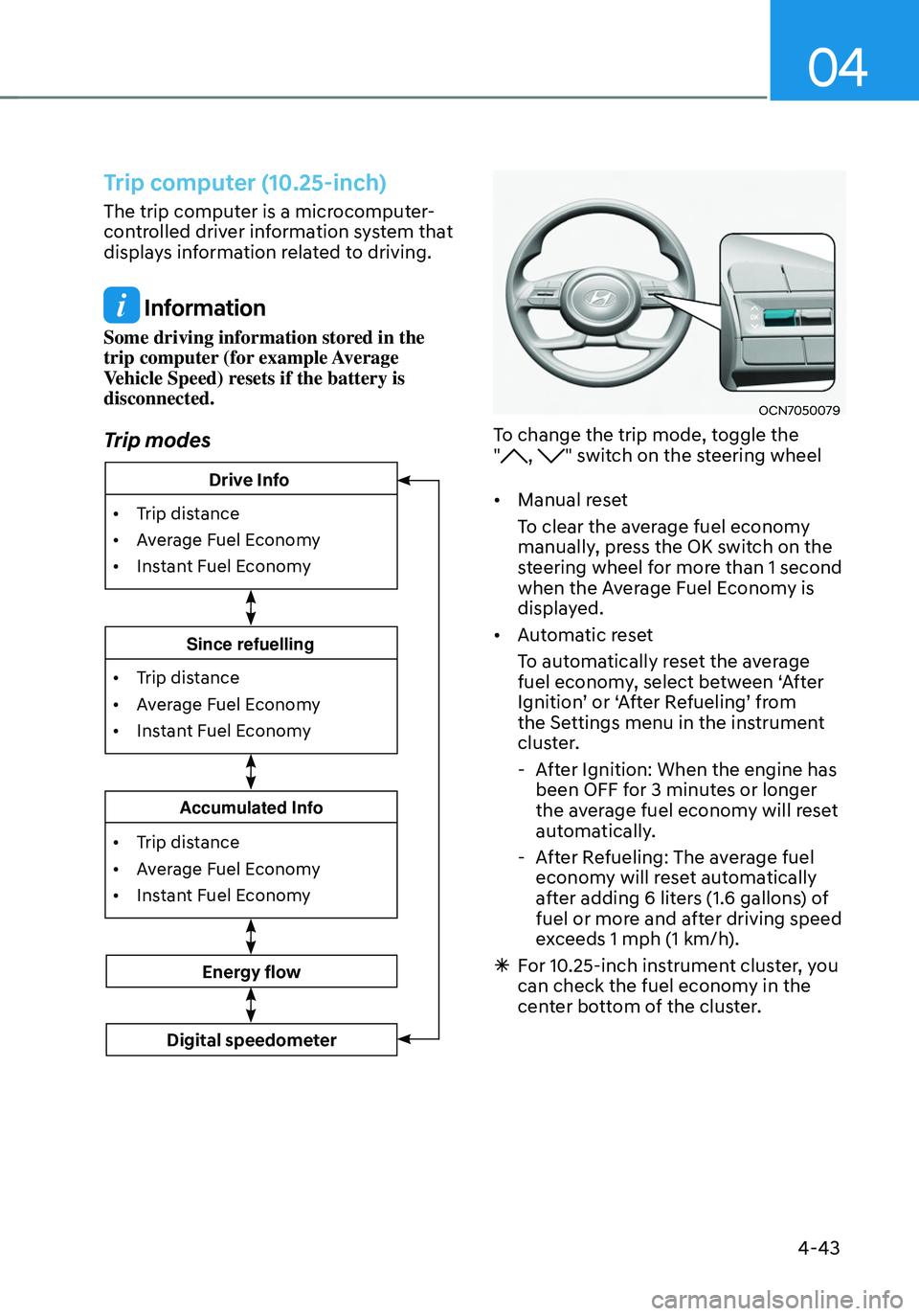HYUNDAI TUCSON HYBRID 2021  Owners Manual 04
4-43
Trip computer (10.25-inch)
The trip computer is a microcomputer-
controlled driver information system that 
displays information related to driving.
 Information
Some driving information store