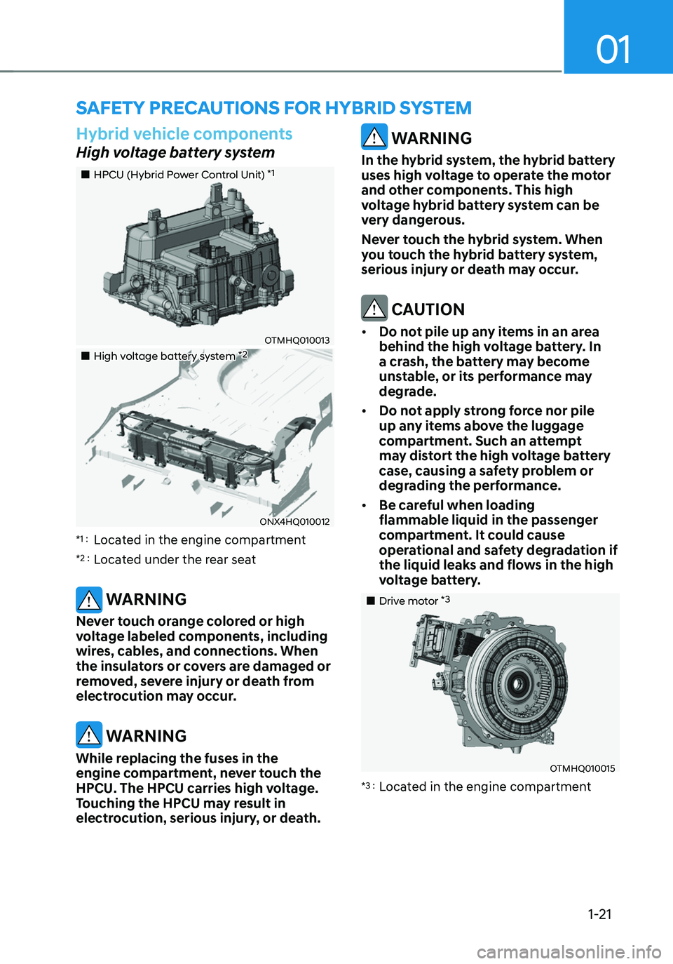 HYUNDAI TUCSON HYBRID 2021  Owners Manual 01
1-21
SAFETY PRECAUTIONS FOR HYBRID SYSTEM
Hybrid vehicle components
High voltage battery system
„„HPCU (Hybrid Power Control Unit) *1
OTMHQ010013
„„High voltage battery system *