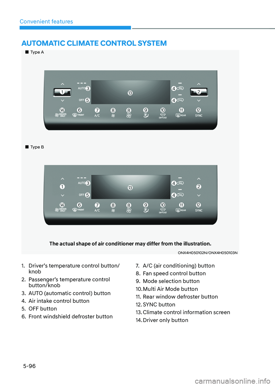 HYUNDAI TUCSON HYBRID 2021  Owners Manual Convenient features
5-96
aUTomaTIC ClImaTe ConTrol sysTem
„„Type A
„„Type B
The actual shape of air conditioner may differ from the illustration.
ONX4H050102N/ONX4H050103N
1. Drive