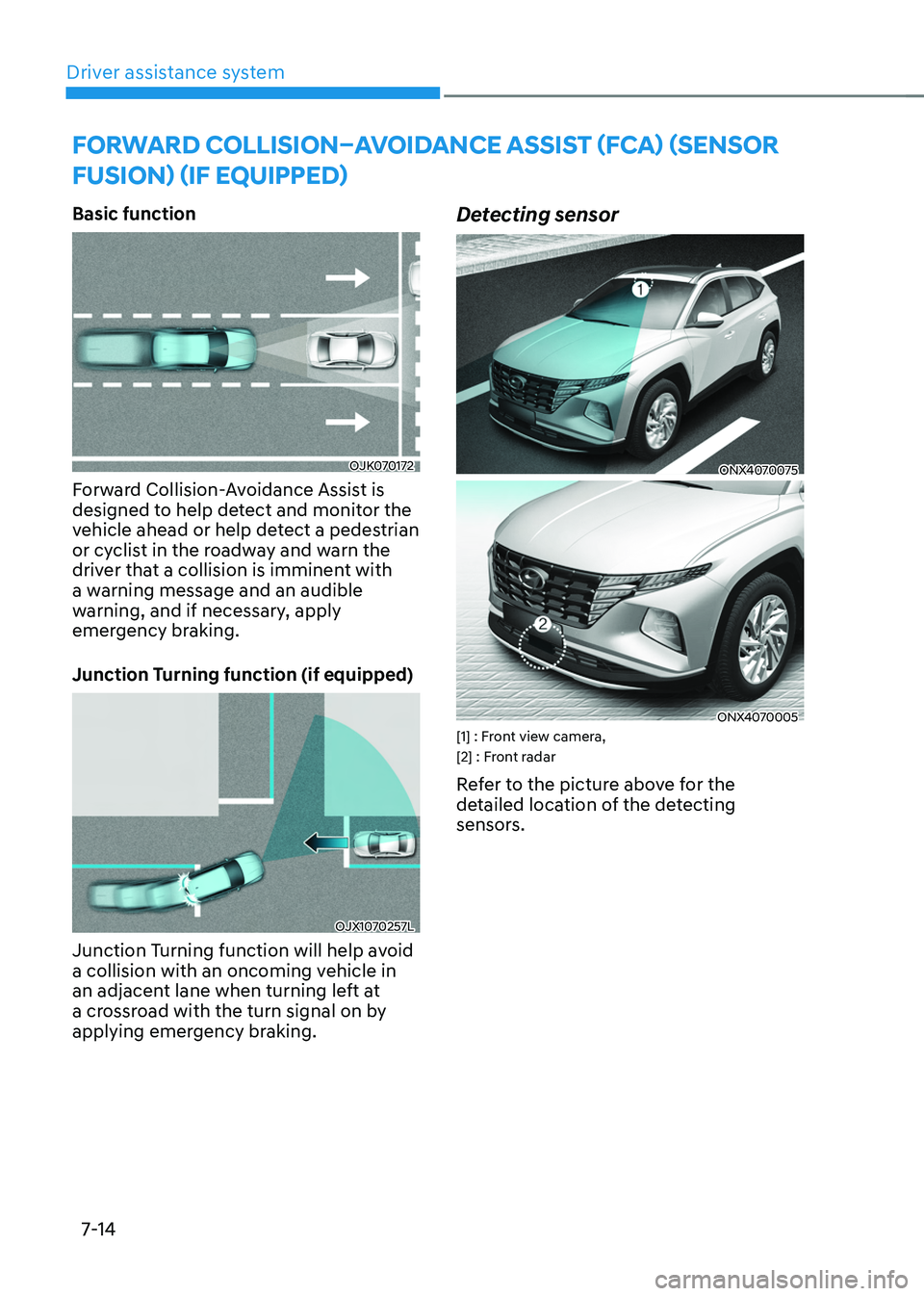 HYUNDAI TUCSON HYBRID 2021  Owners Manual Driver assistance system7-14
Forward Collision–avoid anCe assist (F Ca) (sensor 
Fusion) (iF e

quipped
)
Basic function
OJK070172
Forward Collision-Avoidance Assist is 
designed to help detect and 