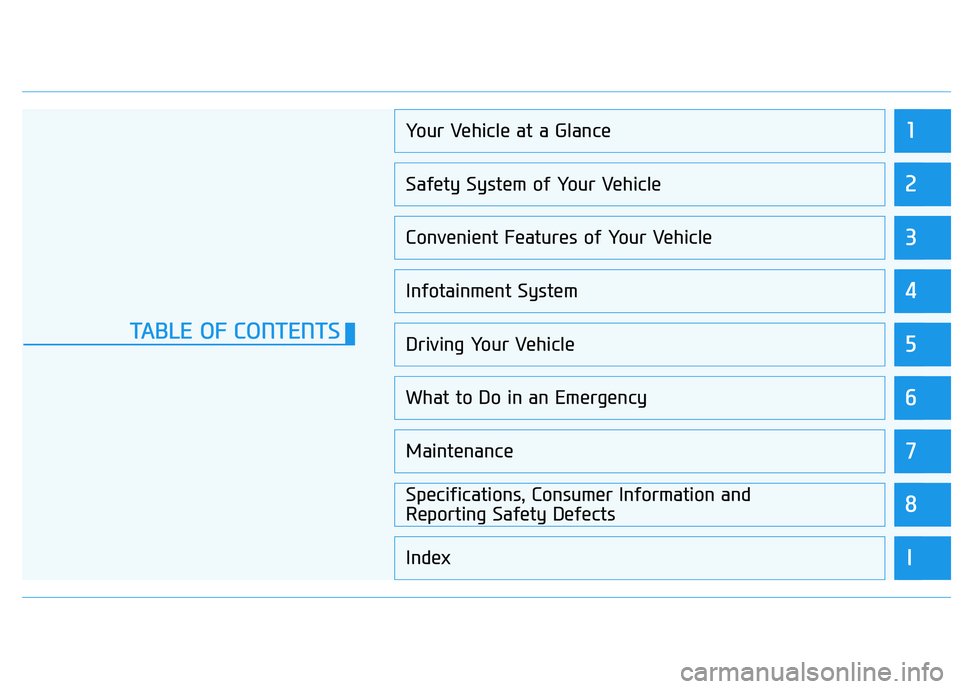 HYUNDAI TUCSON 2021  Owners Manual 1
2
3
4
5
6
7
8
I
Your Vehicle at a Glance
Safety System of Your Vehicle
Convenient Features of Your Vehicle
Infotainment System
Driving Your Vehicle
What to Do in an Emergency
Maintenance
Specificati