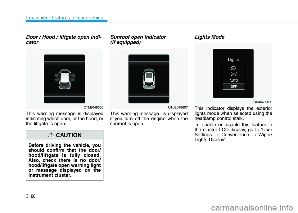 HYUNDAI TUCSON 2021  Owners Manual 3-86
Convenient features of your vehicle
Door / Hood / liftgate open indi-
cator
This warning message is displayed
indicating which door, or the hood, or
the liftgate is open.
Sunroof open indicator 
