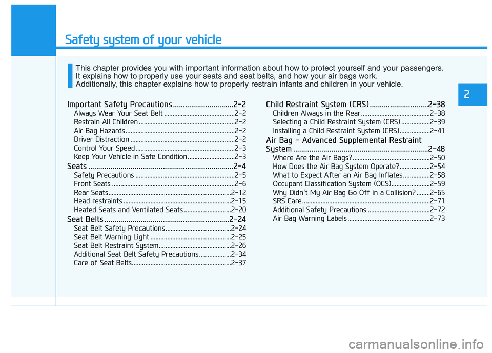 HYUNDAI TUCSON 2021 Owners Manual Safety system of your vehicle
Important Safety Precautions ..............................2-2
Always Wear Your Seat Belt ..........................................2-2
Restrain All Children ............ HYUNDAI TUCSON 2021 Owners Manual Safety system of your vehicle
Important Safety Precautions ..............................2-2
Always Wear Your Seat Belt ..........................................2-2
Restrain All Children ............