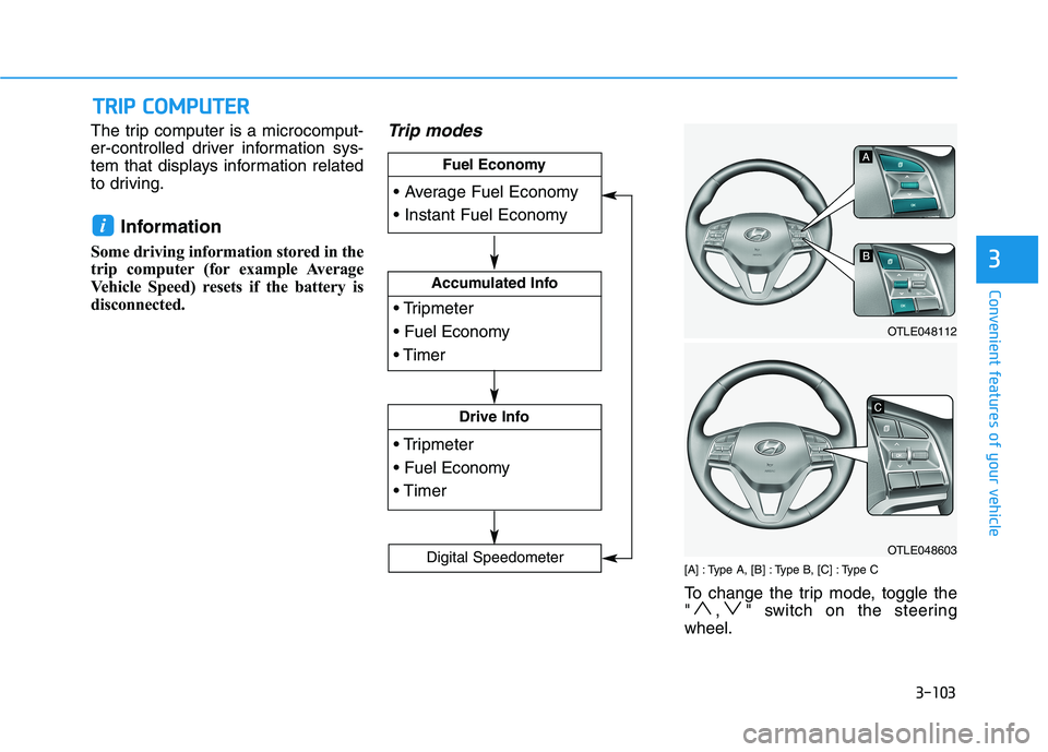 HYUNDAI TUCSON 2021  Owners Manual 3-103
Convenient features of your vehicle
3
The trip computer is a microcomput-
er-controlled driver information sys-
tem that displays information related
to driving.
Information 
Some driving inform