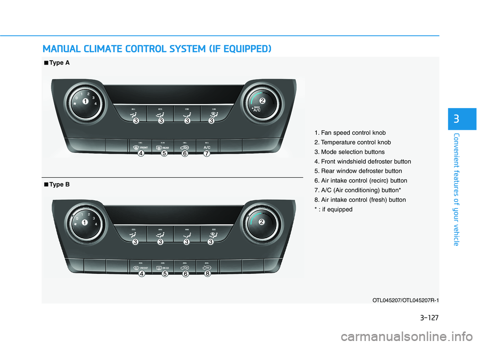 HYUNDAI TUCSON 2021  Owners Manual 3-127
Convenient features of your vehicle
3
M MA
AN
NU
UA
AL
L 
 C
CL
LI
IM
MA
AT
TE
E 
 C
CO
ON
NT
TR
RO
OL
L 
 S
SY
YS
ST
TE
EM
M 
 (
(I
IF
F 
 E
EQ
QU
UI
IP
PP
PE
ED
D)
)
OTL045207/OTL045207R-1
1. 