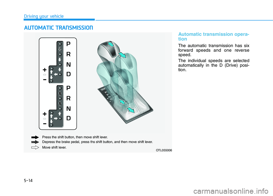 HYUNDAI TUCSON 2021  Owners Manual 5-14
Driving your vehicle
Automatic transmission opera-
tion 
The automatic transmission has six
forward speeds and one reverse
speed.
The individual speeds are selected
automatically in the D (Drive)
