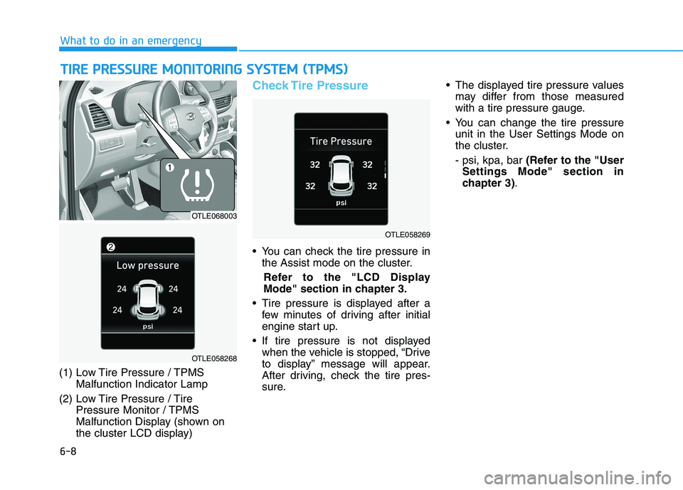 HYUNDAI TUCSON 2021  Owners Manual 6-8
What to do in an emergency
T TI
IR
RE
E 
 P
PR
RE
ES
SS
SU
UR
RE
E 
 M
MO
ON
NI
IT
TO
OR
RI
IN
NG
G 
 S
SY
YS
ST
TE
EM
M 
 (
(T
TP
PM
MS
S)
)
(1) Low Tire Pressure / TPMS
Malfunction Indicator Lam
