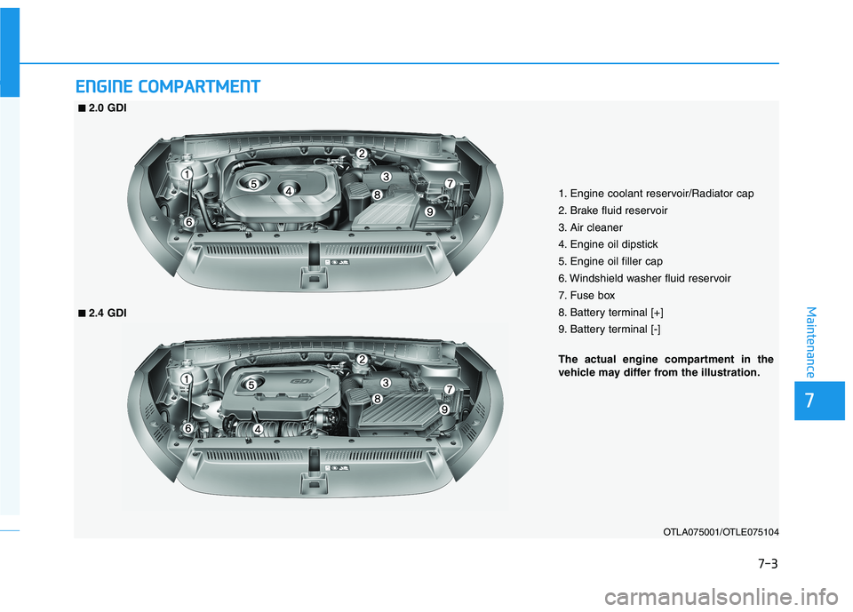 HYUNDAI TUCSON 2021  Owners Manual 7-3
7
Maintenance
E
EN
N G
GI
IN
N E
E 
 C
C O
O M
M P
PA
A R
RT
TM
M E
EN
N T
T 
 
OTLA075001/OTLE075104
■
■
2.0 GDI
■
■2.4 GDI
1. Engine coolant reservoir/Radiator cap 
2. Brake fluid reserv