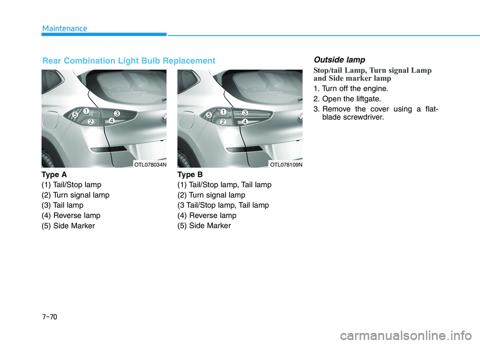 HYUNDAI TUCSON 2021  Owners Manual 7-70
Maintenance
Ty p e  A
(1) Tail/Stop lamp
(2) Turn signal lamp
(3) Tail lamp
(4) Reverse lamp
(5) Side Marker Type B
(1) Tail/Stop lamp, Tail lamp
(2) Turn signal lamp
(3 Tail/Stop lamp, Tail lamp