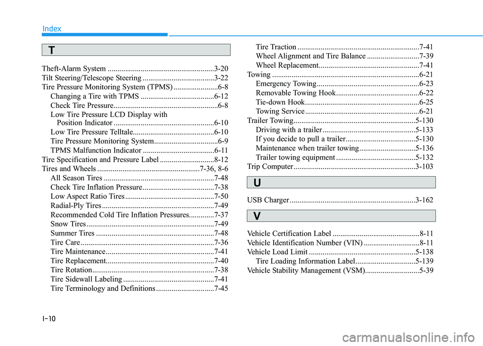 HYUNDAI TUCSON 2021  Owners Manual I-10
Theft-Alarm System .......................................................3-20
Tilt Steering/Telescope Steering .....................................3-22
Tire Pressure Monitoring System (TPMS) ..